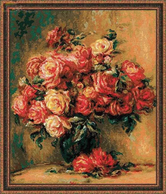 broderie point croix motifs fleurs roses coton fils aiguilles toile instructions complet kit