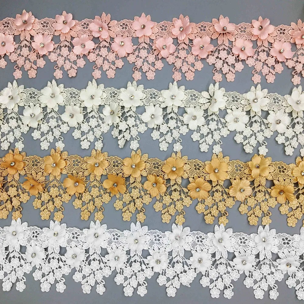 ruban dentelle fleurs relief strass mariage blanc rose doré coton polyester 9cm large élégant