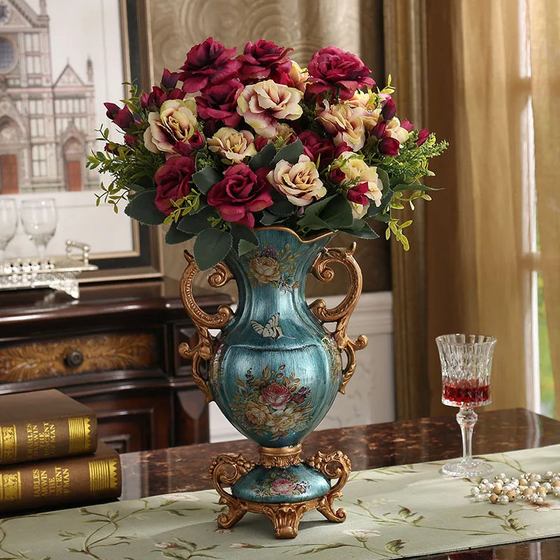 vase résine bleu doré fleurs papillon classique baroque décoration intérieur chambre table