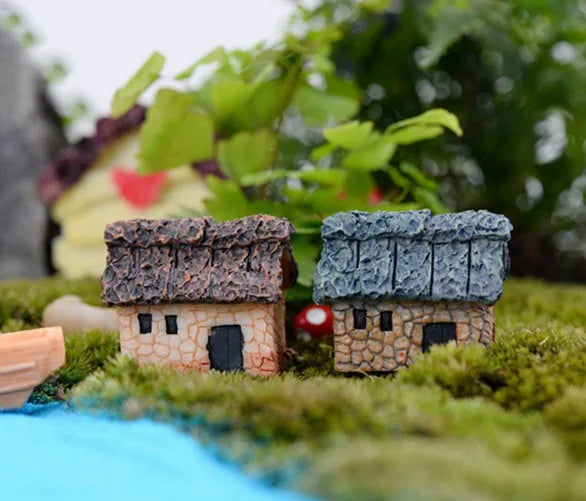 miniature maison jardin rustique résine pierre bois porte fenêtre toit pont moulin ventillage