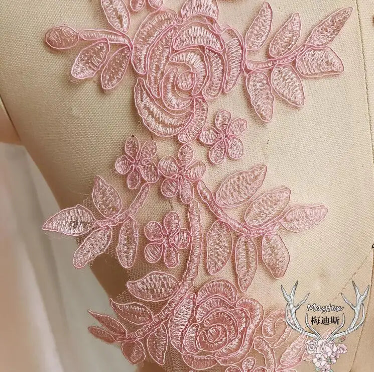 applique textile dentelle florale rose clair brodée opalique fine 14x35cm echangetable