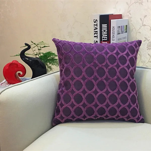 coussin carré velours motif cercles entrelacés rouge jaune vert bleu violet gris contemporain fixations