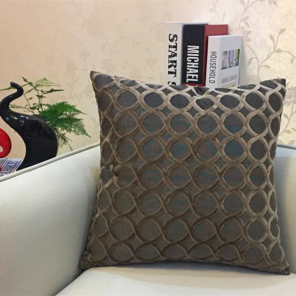 coussin carré velours motif cercles entrelacés rouge jaune vert bleu violet gris contemporain fixations