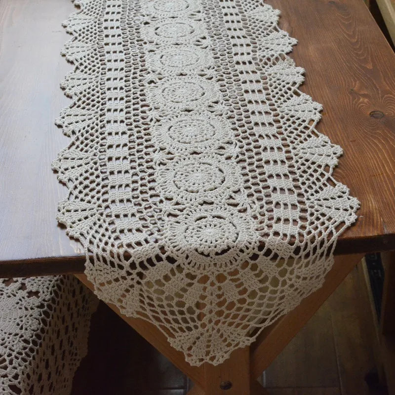 chemin table crochet dentelle motif floral 100 coton blanc beige pêche rustique vintage