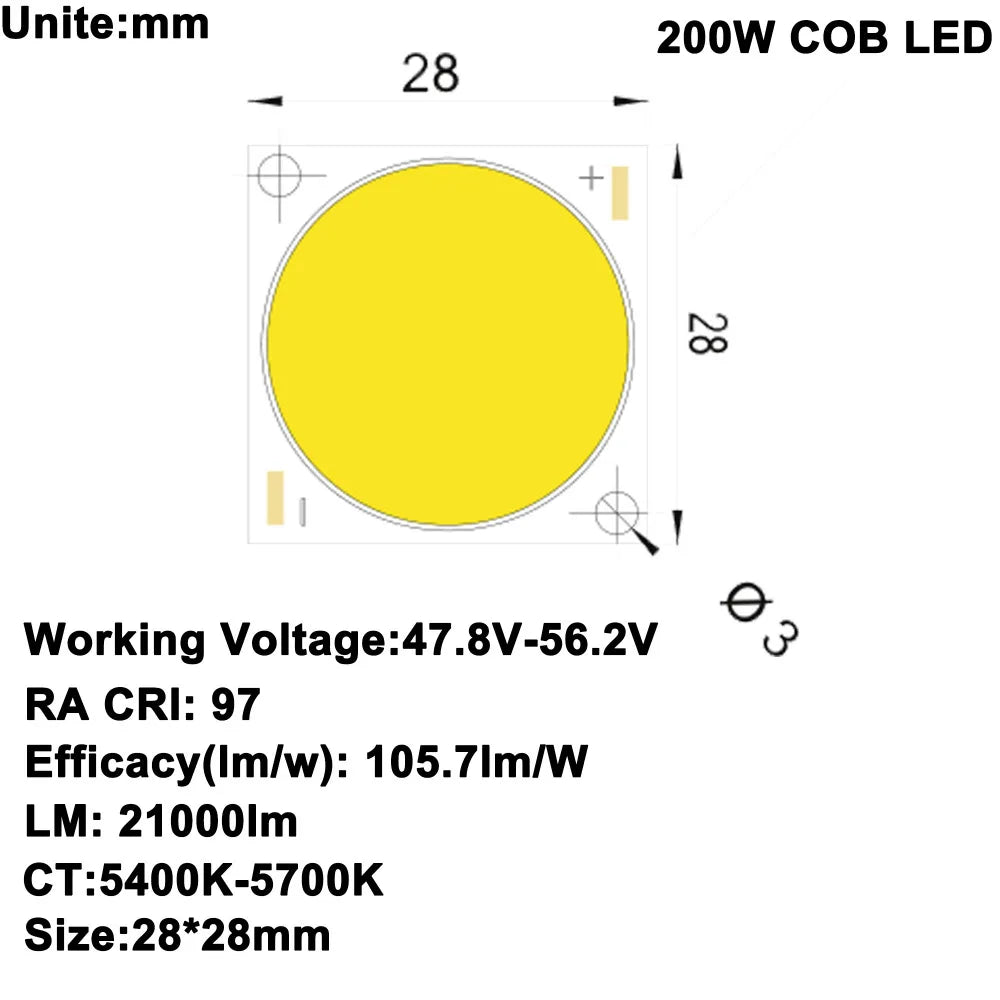 projecteur led cob 200w 5600k 21000lm daylight moderne vis fixation 28x28mm