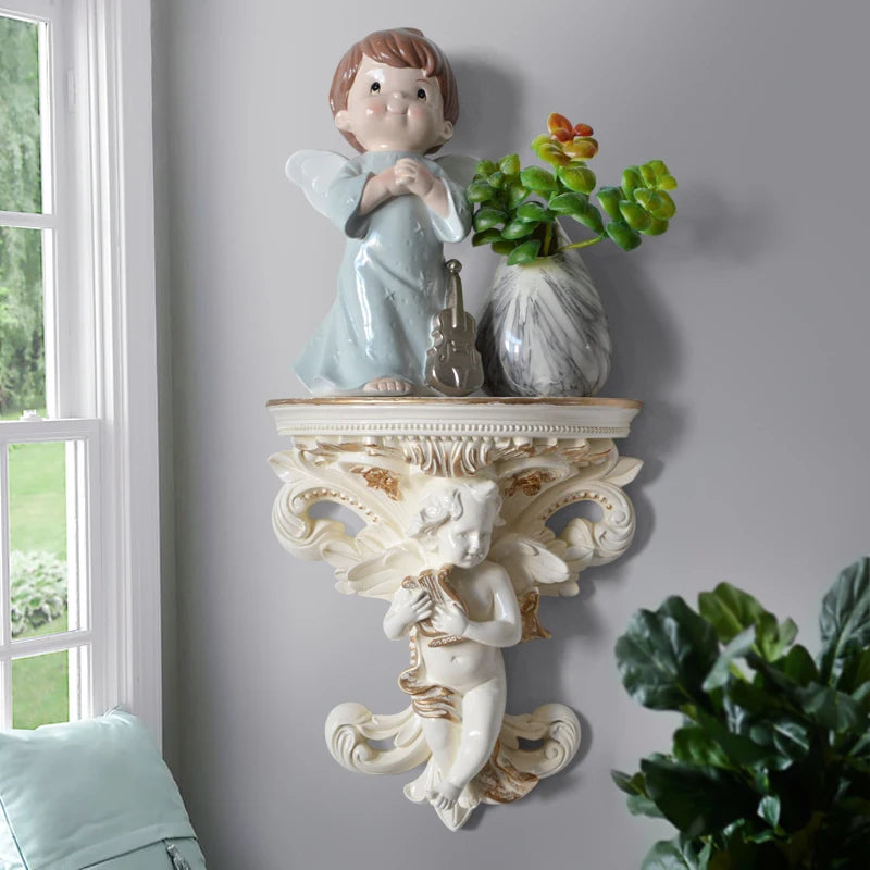 étagère murale résine bleu blanc angelots baroques adhésive décoration intérieure classique ornements vintage horloge