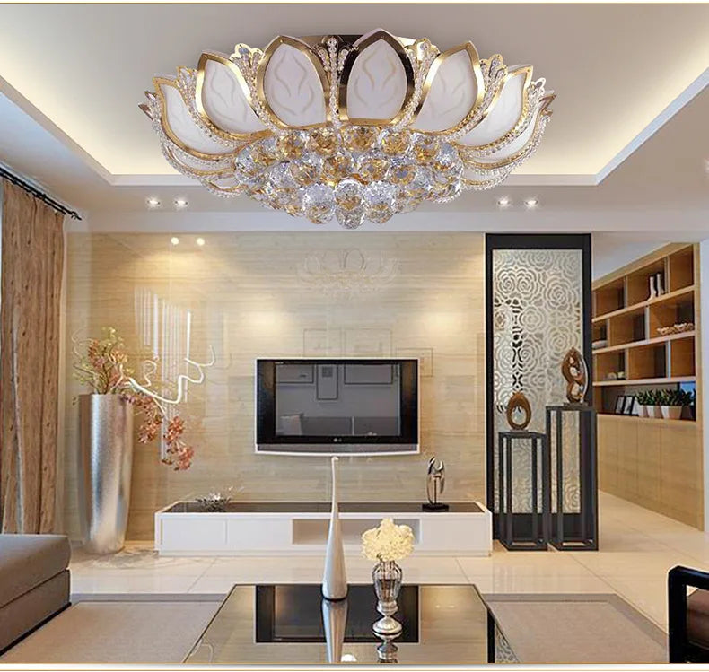 plafonnier crystal doré fleurs stylisées élégant led blanc moderne