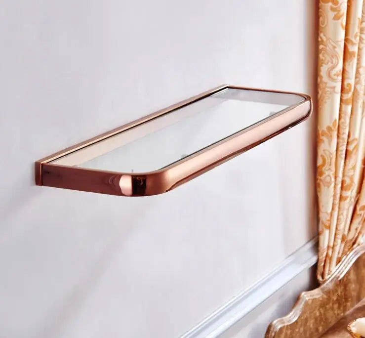 étagère murale verre or rose moderne transparente cosmétiques accessoires salle bain fixations inclusées rectangle