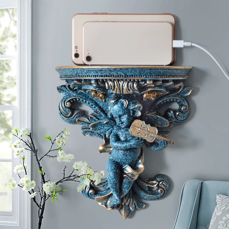 étagère murale résine bleu blanc angelots baroques adhésive décoration intérieure classique ornements vintage horloge