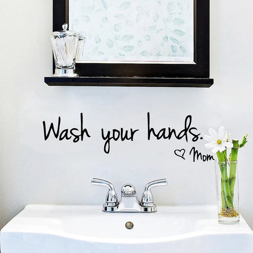 sticker mural vinyle opaque wash your hands mom calligraphique noir rose blanc salon cuisine