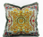 coussin décoratif motif léopard imprimé bordure frangée animalier coton polyester bleu jaune marron