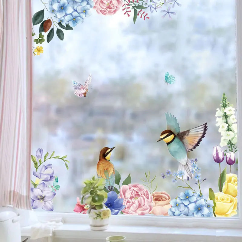 sticker mural fleurs oiseaux adhésif moderne art floral multicolore pvc résistant eau salon chambre