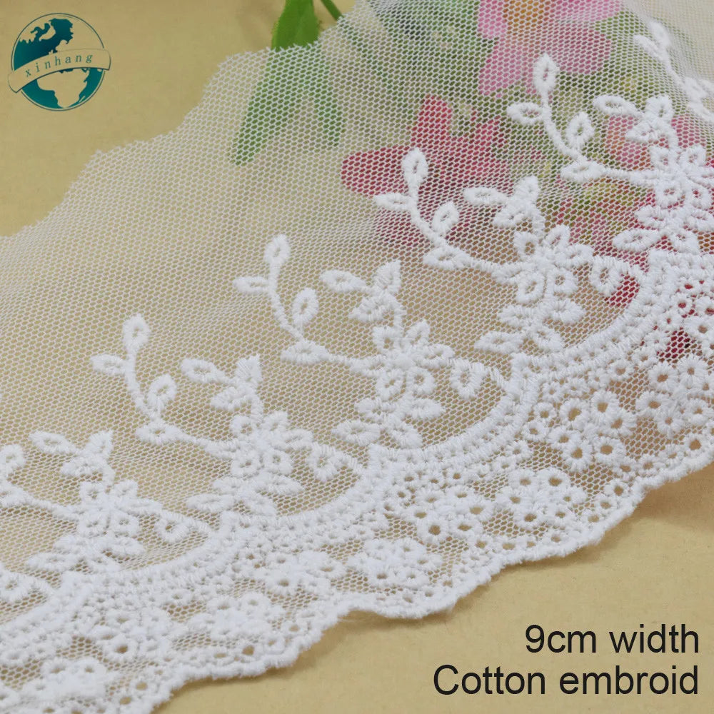 dentelle coton broderie florale 9cm large semi transparente traditionnelle blanc tricot couture bricolage garniture