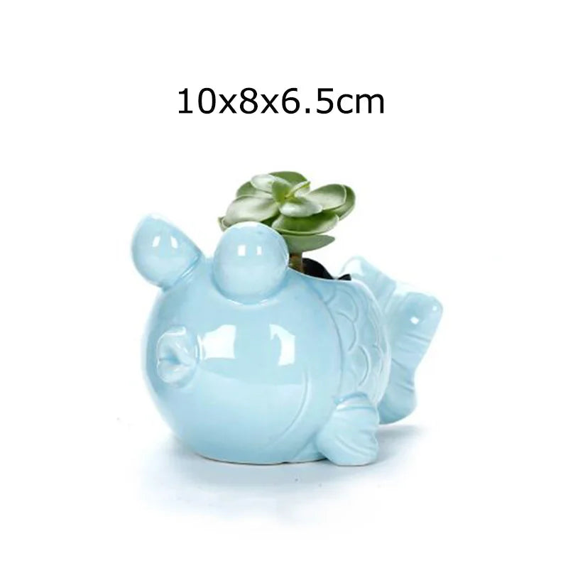 petit cache pot ceramique bleu motif poisson marin decoratif plante succulente maison