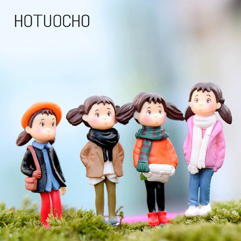 figurines enfants hiver manteau écharpe gants sac mousse paysage miniature maison arbres ponts