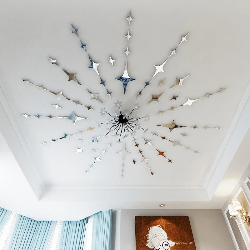 décoration murale moderne étoiles brillantes autocollants adhésifs 56 pièces doré blanc noir