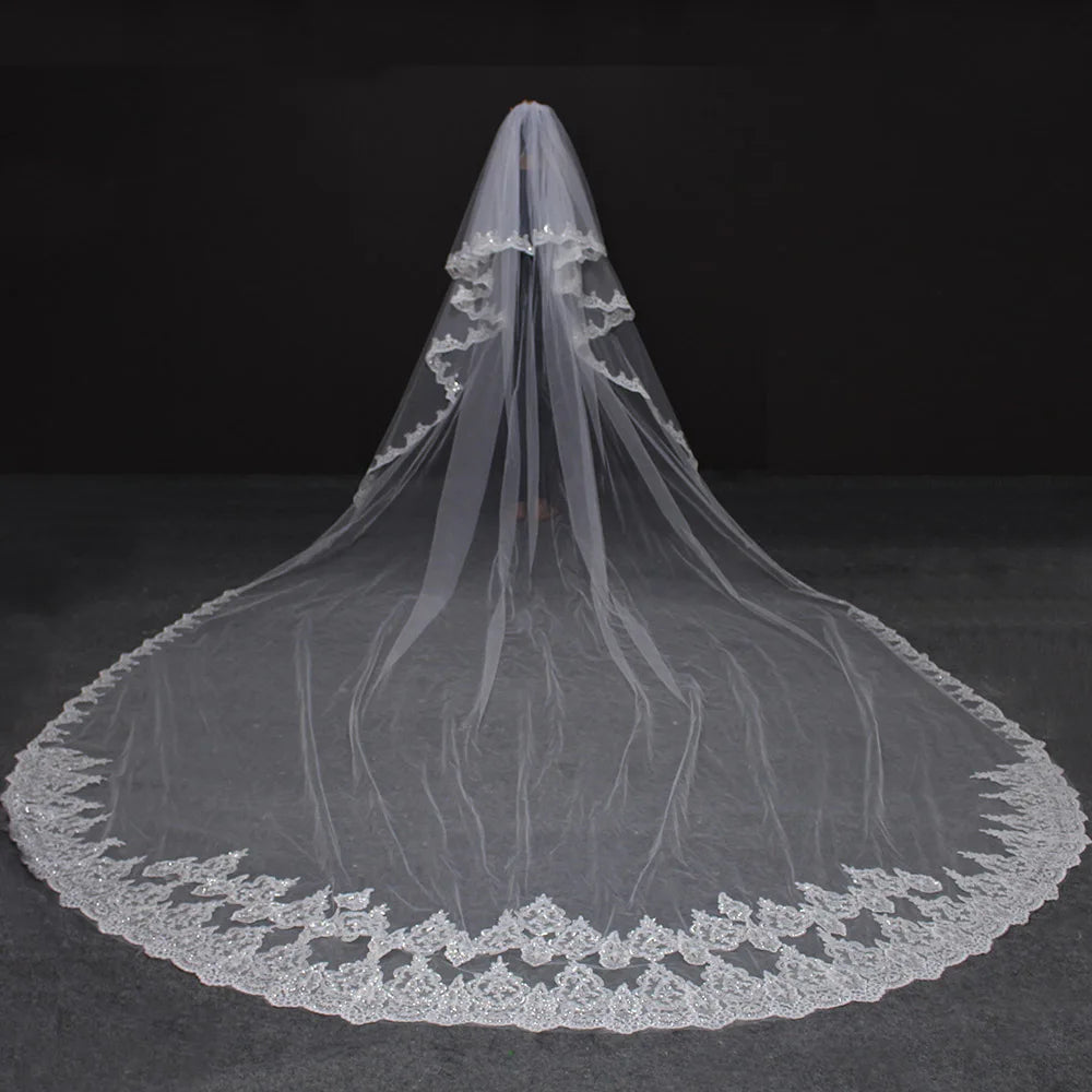 voile mariée deux couches dentelle paillettes blanc crème classique mètres polyester haute qualité