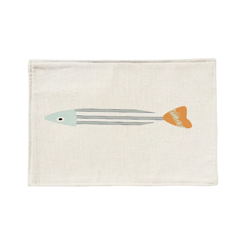 serviettes table lin motif poissons moderne bleu clair beige 44x28cm
