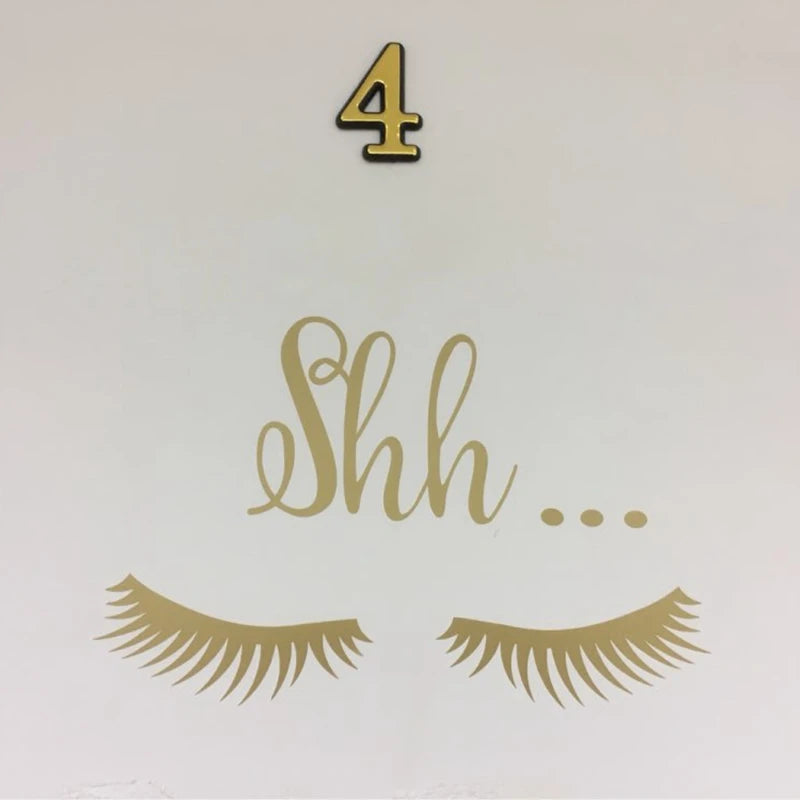 autocollant mural paupières cils texte shh moderne vinyle pvc adhésif noir doré marron rouge