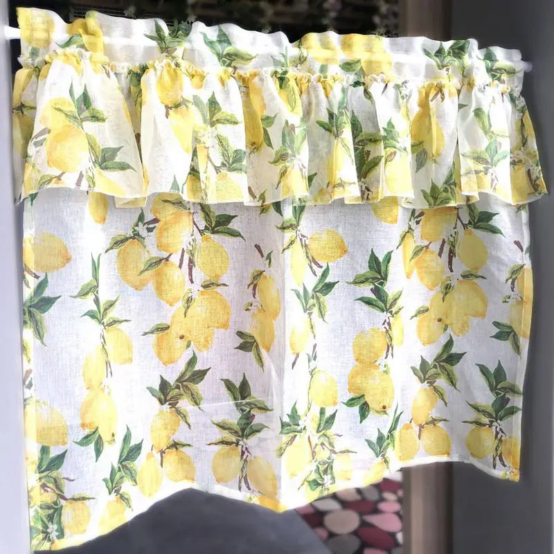 rideau pastoral imprimé citrons jaunes blancs feuilles vintage maison