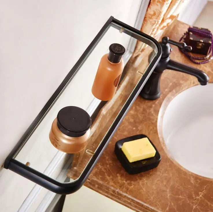 étagère murale verre or rose moderne transparente cosmétiques accessoires salle bain fixations inclusées rectangle