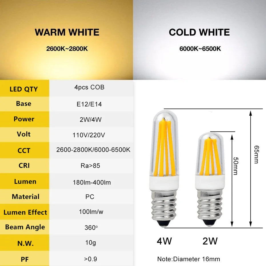 ampoule led filament blanc moderne 360 degrés 2w 4w e12 e14 50000h transparent