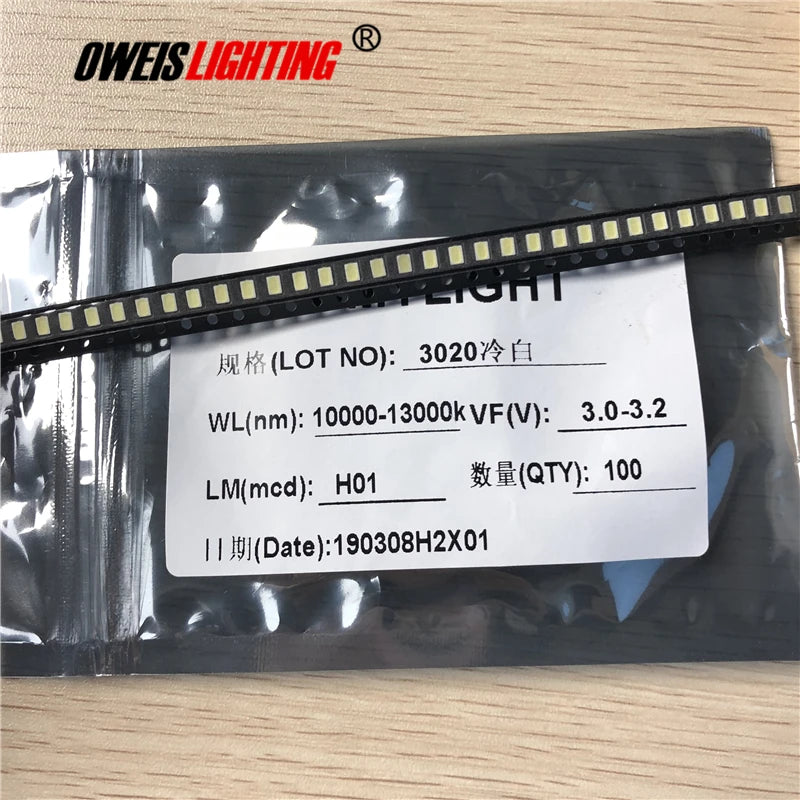 led lumière blanche jaune 100 pièces 3020 6000k 9000k bobine sachet transparent certification rohs
