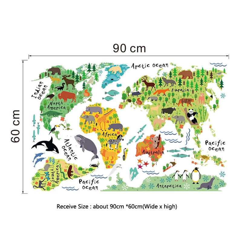 autocollant mural 3d animal compagnie dessin animé carte monde océans continents enfants chambre décoration