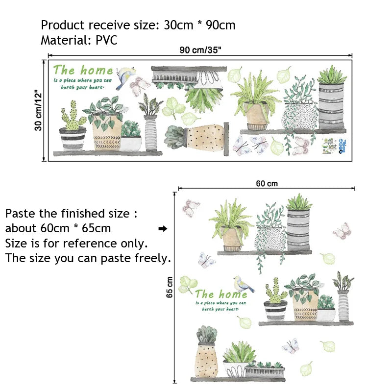 autocollant mural plantes pot peinture oiseaux papillons feuilles vert naturel salon cuisine déco