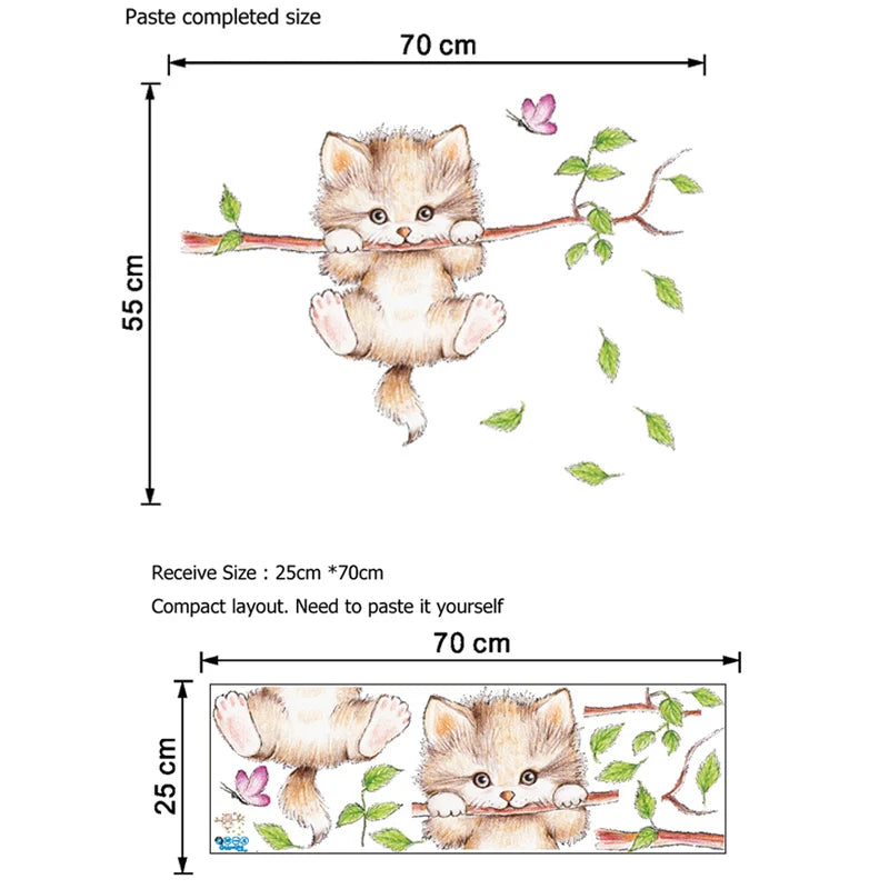 sticker mural chat papillon branches feuilles vertes arbre dessin animé chambre enfant décoration amovible