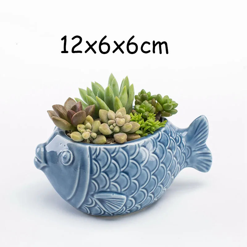 petit cache pot ceramique bleu motif poisson marin decoratif plante succulente maison
