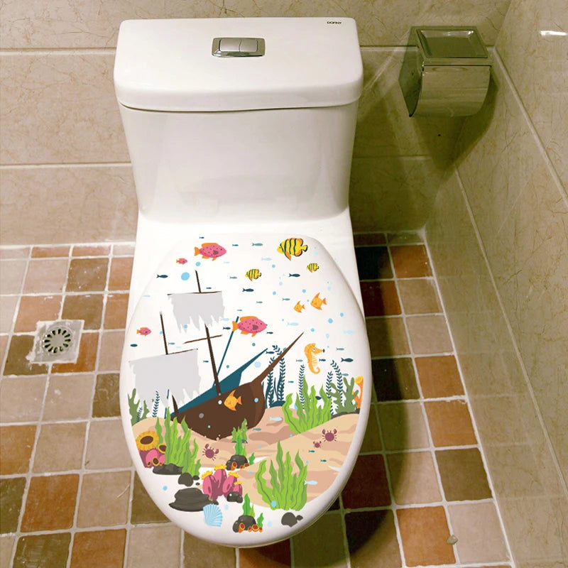 autocollant mural thème marin poissons bateau algues coraux blanc décoration salle bain facile poser