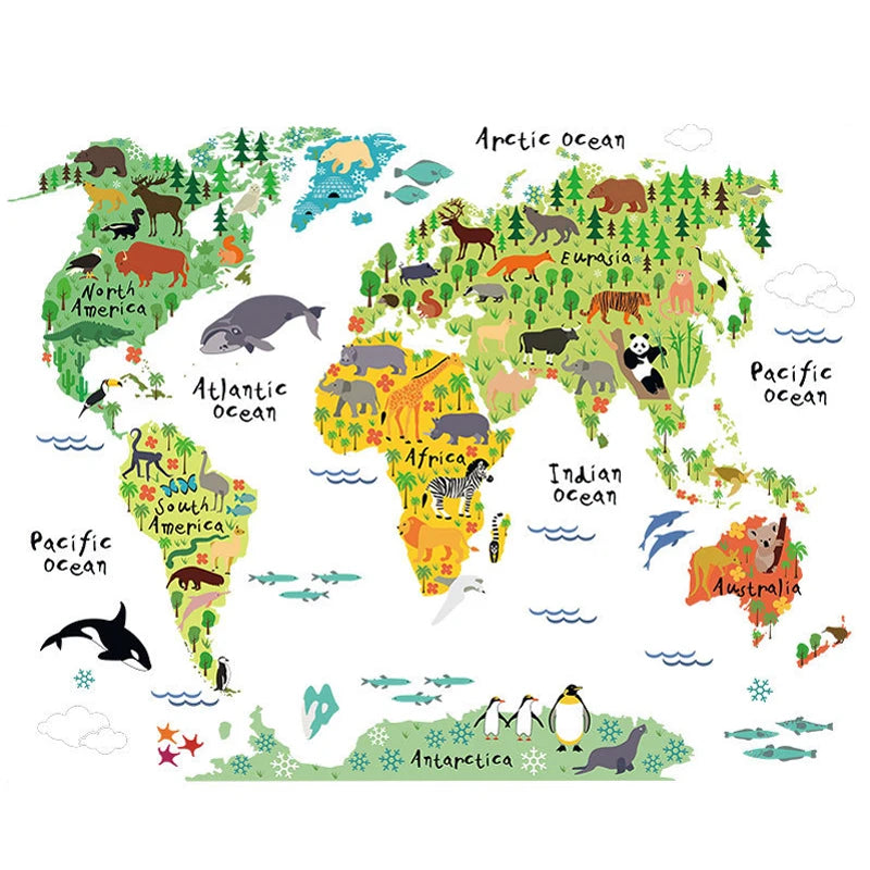 autocollant mural 3d animal compagnie dessin animé carte monde océans continents enfants chambre décoration