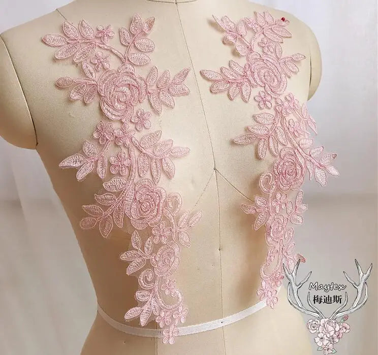 applique textile dentelle florale rose clair brodée opalique fine 14x35cm echangetable