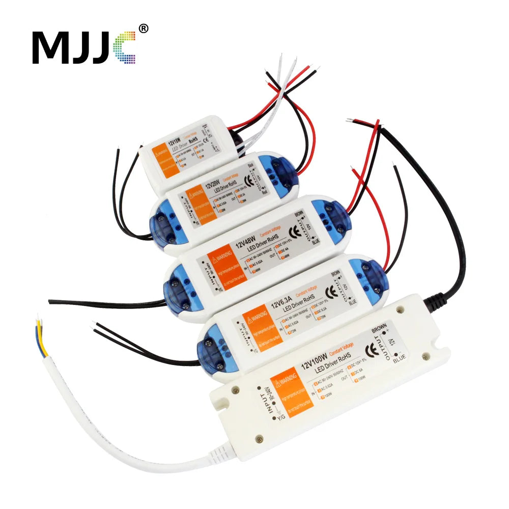 transformateur led 12v 100w 28w blanc bleu moderne câbles noirs rouges vis fixation certifié