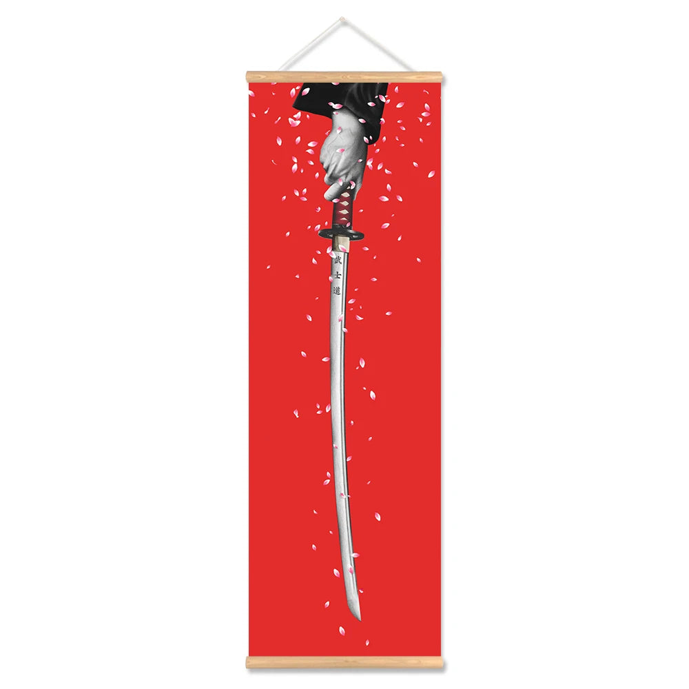 toile d'art ukiyo samouraï contemporain illustration noir blanc rouge gris cadre bois