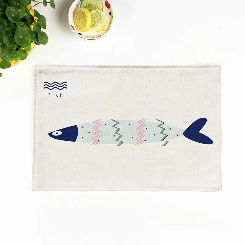 serviettes table lin motif poissons moderne bleu clair beige 44x28cm