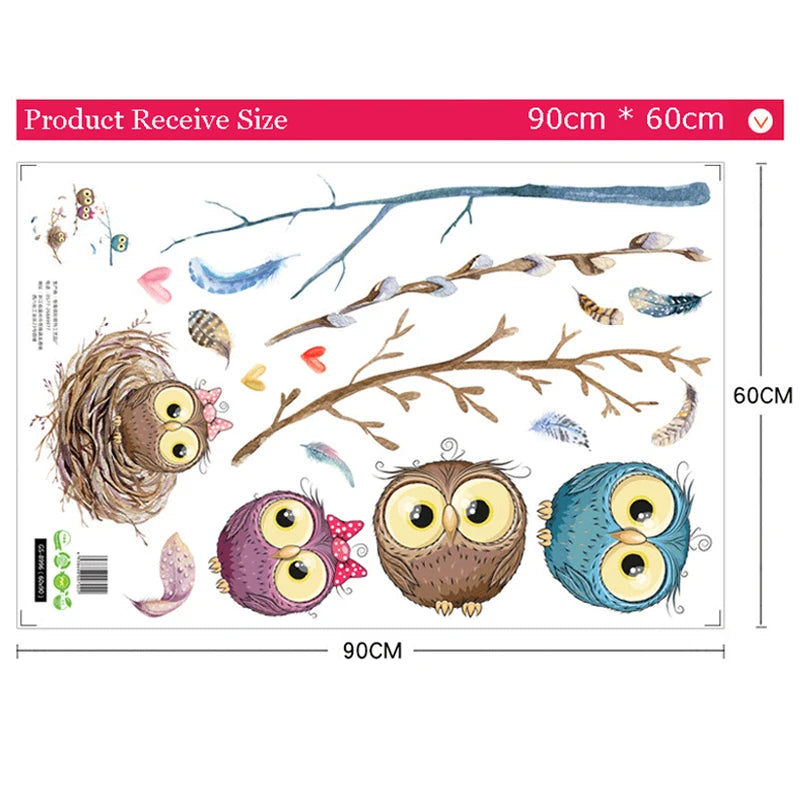 sticker mural dessin animé hibou bébé branches plumes coeurs animal compagnie chambre enfant bleu