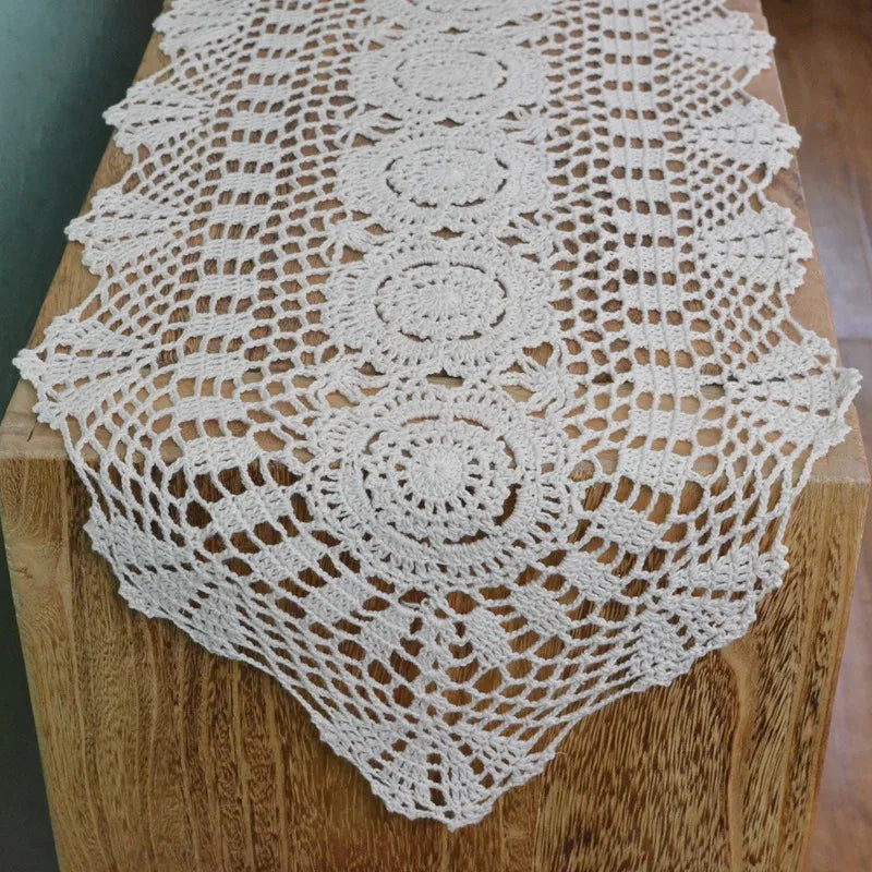 chemin table crochet dentelle motif floral 100 coton blanc beige pêche rustique vintage