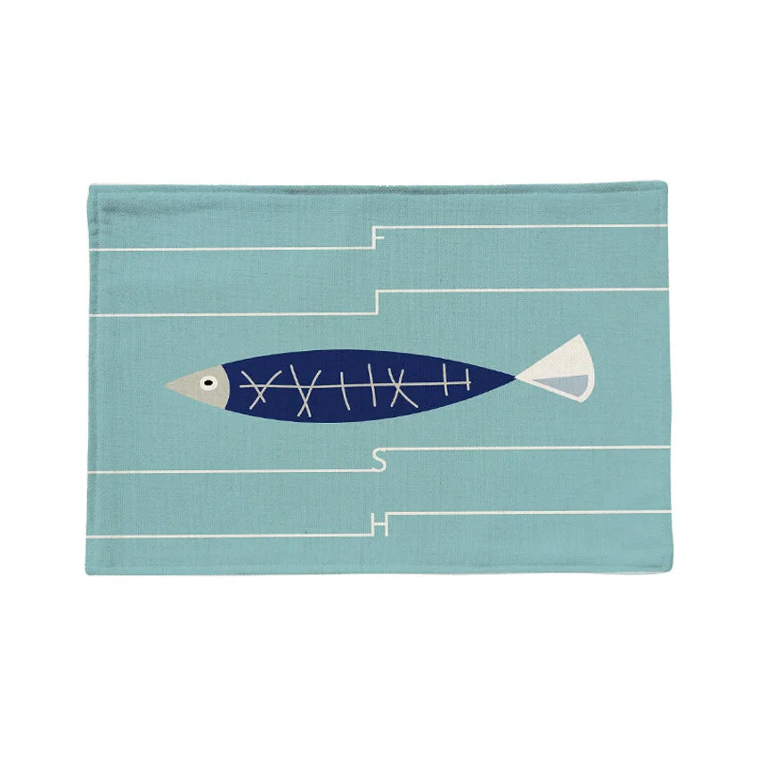 serviettes table lin motif poissons moderne bleu clair beige 44x28cm