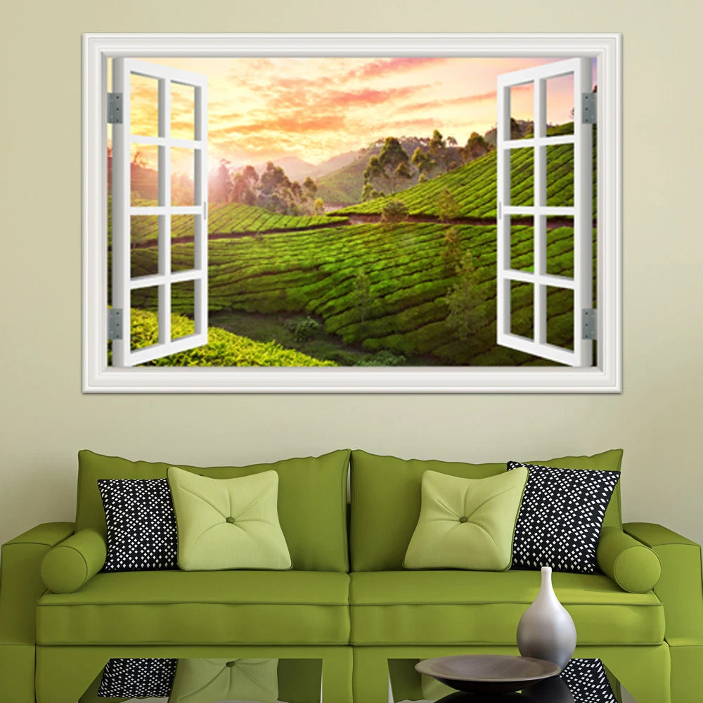 sticker mural 3d paysage naturel adhésif décoration intérieure fenêtre carreau meuble vert blanc gris