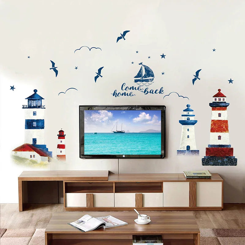 sticker mural bateau phare art marin grunge bleu blanc rouge come back