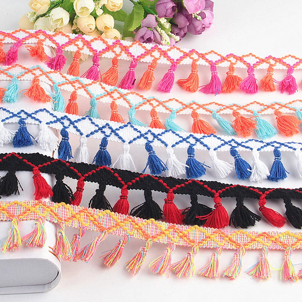 ruban pompons boho chic orange rose bleu noir blanc rouge diamants géométriques 100 polyester
