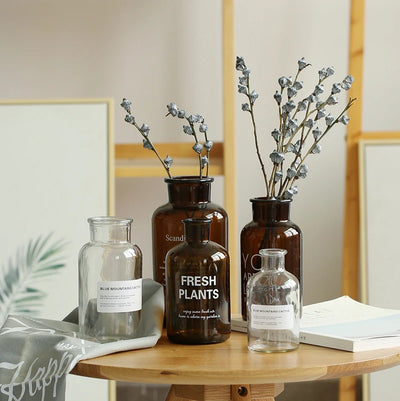 bouteilles verre transparentes marron etiquettes modernes deco intérieure minimalistes fleurs sèches