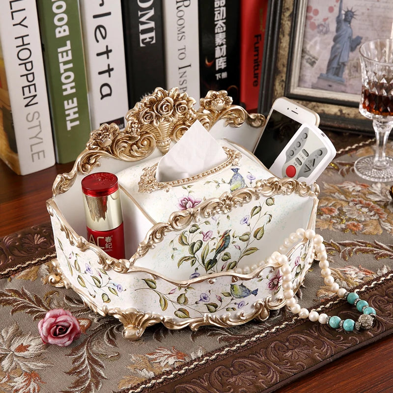boîte rangement multifonctionnelle classique verte fleurs oiseaux télécommandes mouchoirs