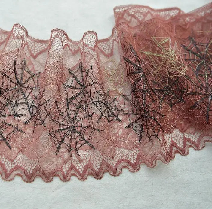 ruban dentelle fine violet rose motif toile d'araignée semi transparent 18cm largeur polyesterDecoration Couture