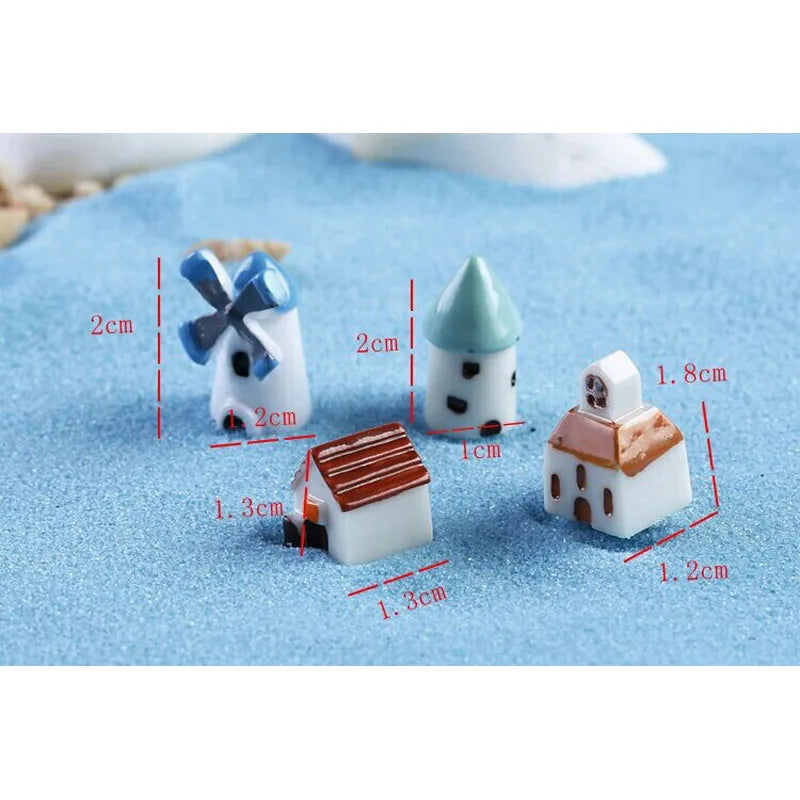 miniatures maison toits tuiles détails architecturaux vent mill tours blanches bleues