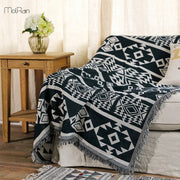 couverture plaid géométrique bleu marine blanc coton bio dimensions variées franges bohème ethnique