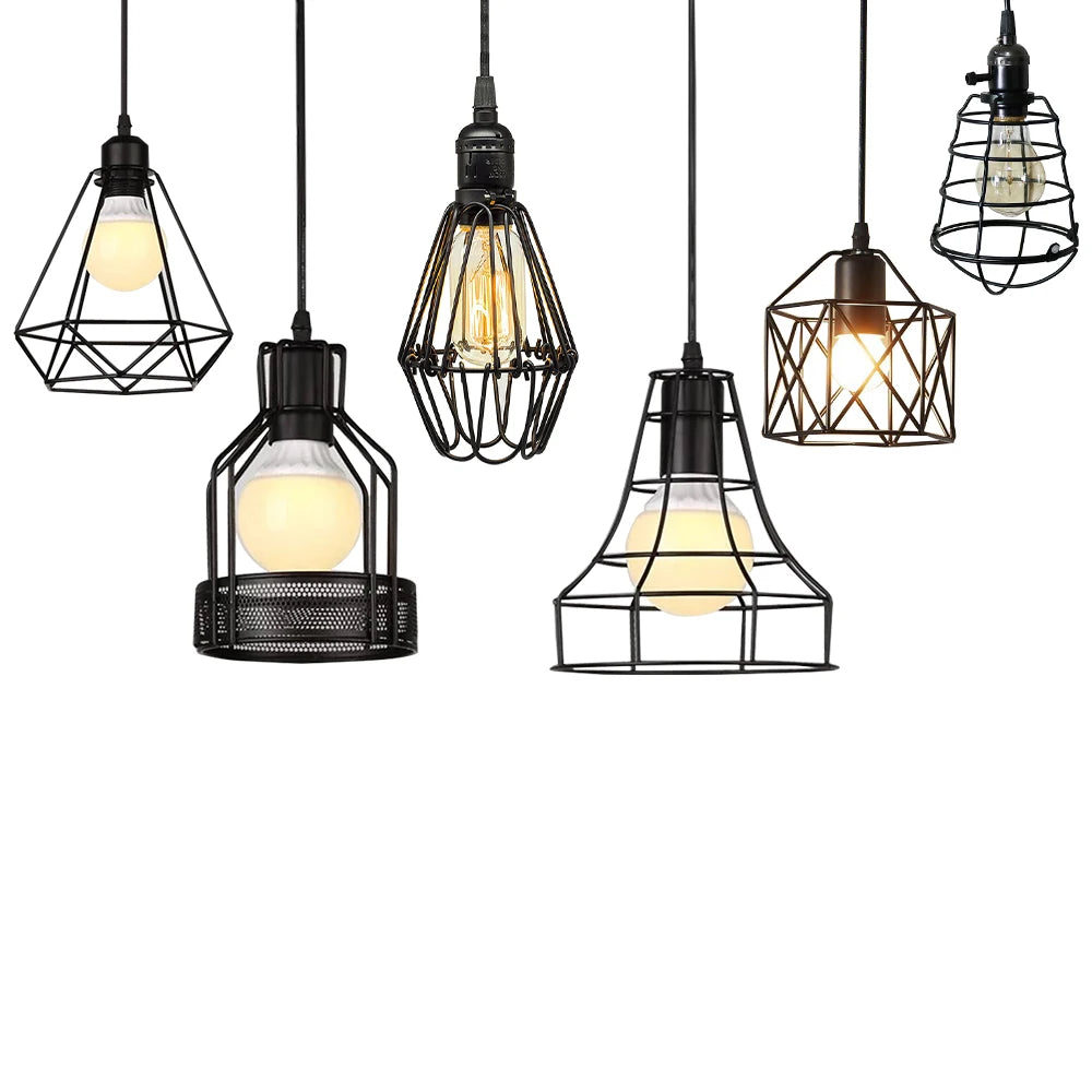 lampe suspendue industrielle grille métallique noir abat jour filaire interrupteur tactile 10 15mètres carrés