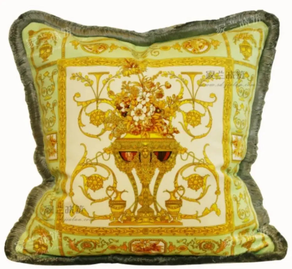 coussin décoratif motif léopard imprimé bordure frangée animalier coton polyester bleu jaune marron
